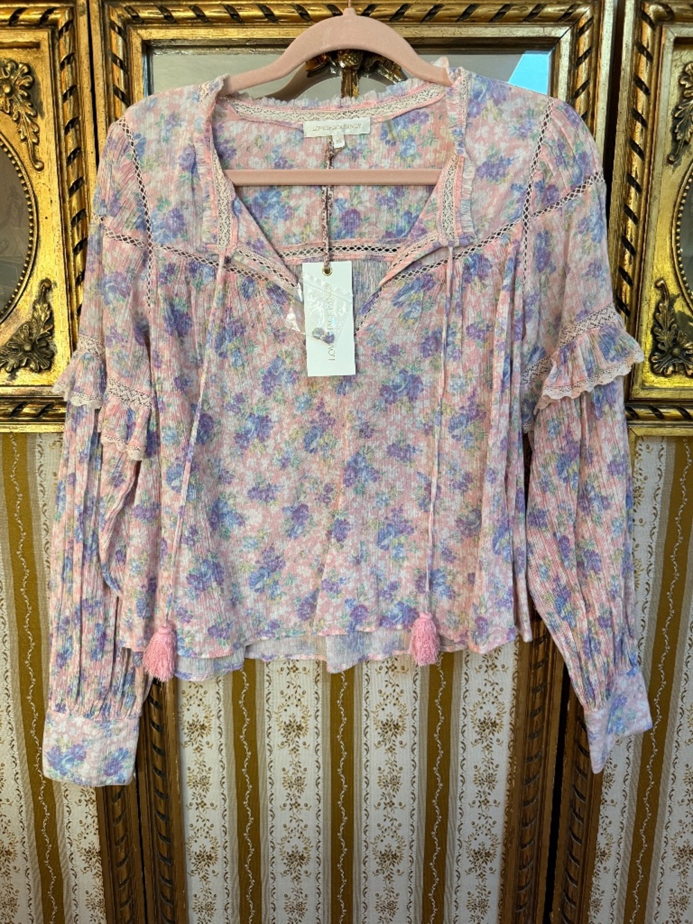 LoveShackFancy Prairie Peasant Blouse Top Pink Garden Tassel XS 100% Cotton NWT